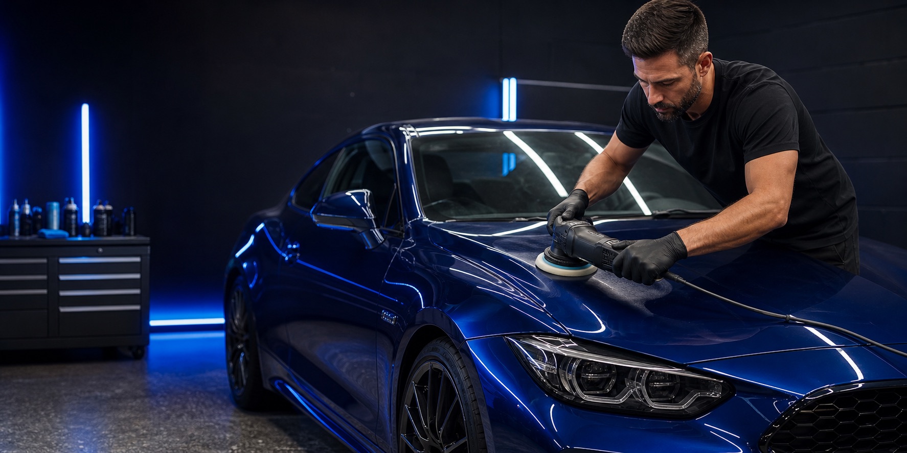 Detailer polishing a deep blue coupe in a professional automotive studio